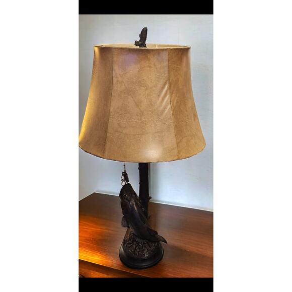 Bass Table Lamp Antique Bronze Color Heavy Resin Tan Faux Rawhide Shade 27" Tall - Picture 1 of 7